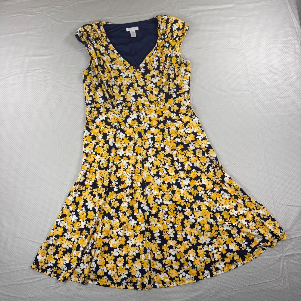 London Times Floral Dress Size 10 Yellow Navy Blue V-Neck Cap Sleeve A-Line Midi